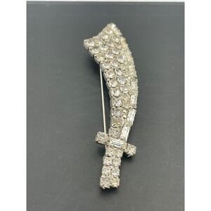 Vintage rhinestone Sword Brooch Silver Tone Scimitar Mid Century Costume Jewelry